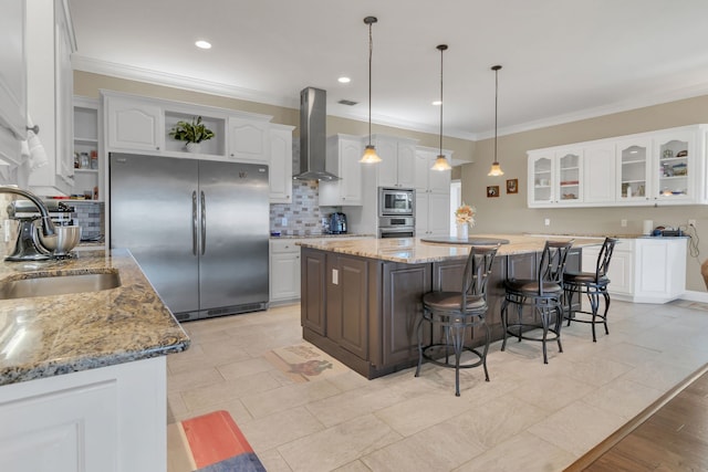 327 Saddle Club Rd, Weatherford, TX 76088 - kitchen with stainless steel appliances, open shelves, wall chimney range hood, a sink, and a kitchen island