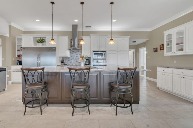 327 Saddle Club Rd, Weatherford, TX 76088 - kitchen featuring white cabinets, wall chimney exhaust hood, ornamental molding, and stainless steel appliances