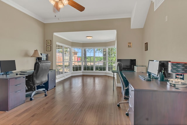 327 Saddle Club Rd, Weatherford, TX 76088 - home office featuring hardwood / wood-style flooring, ornamental molding, and a ceiling fan