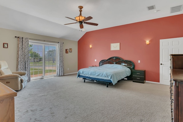 327 Saddle Club Rd, Weatherford, TX 76088 - bedroom with vaulted ceiling, visible vents, access to outside, and carpet flooring