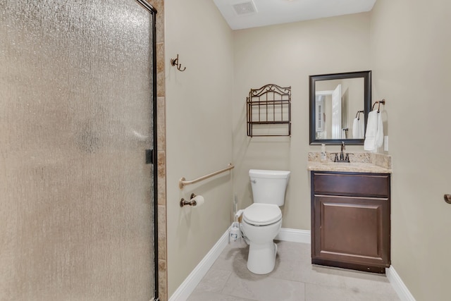 327 Saddle Club Rd, Weatherford, TX 76088 - bathroom featuring toilet, a stall shower, visible vents, tile patterned flooring, and vanity