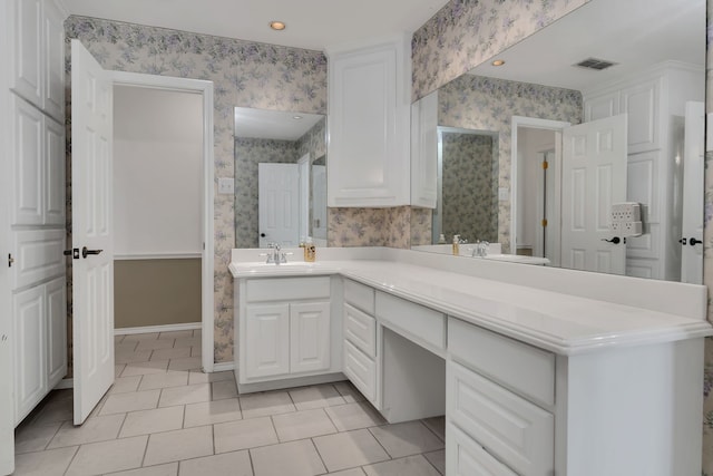 327 Saddle Club Rd, Weatherford, TX 76088 - bathroom with a sink, wallpapered walls, double vanity, tile patterned flooring, and visible vents