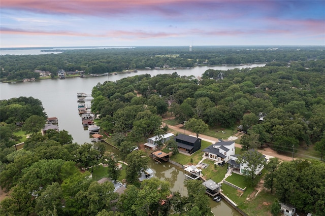 aerial view at dusk with a forest view and a water view