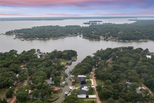 drone / aerial view with a water view
