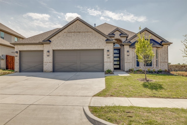 french provincial home with roof with shingles, a front lawn, driveway, brick siding, and an attached garage
