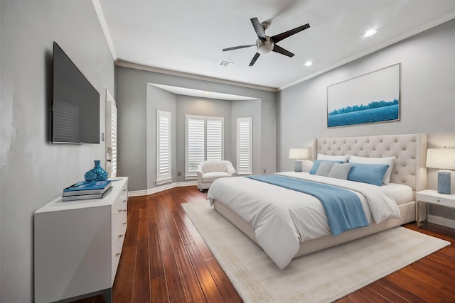 845 Canyon Crest Dr, Irving, TX 75063 - bedroom with recessed lighting, crown molding, baseboards, hardwood / wood-style flooring, and ceiling fan