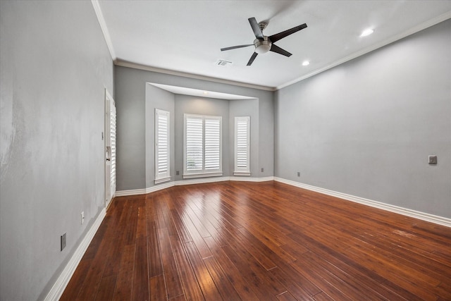 845 Canyon Crest Dr, Irving, TX 75063 - empty room with ornamental molding, baseboards, ceiling fan, and dark wood-style floors