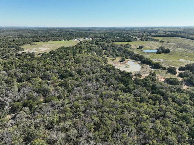 aerial view featuring a forest view and a water view