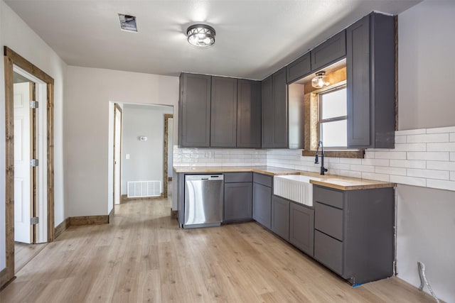 1754 County Road 427, Muenster, TX 76252 - kitchen featuring light wood finished floors, visible vents, stainless steel dishwasher, a sink, and tasteful backsplash