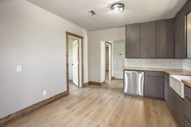 1754 County Road 427, Muenster, TX 76252 - kitchen featuring dishwasher, visible vents, baseboards, decorative backsplash, and light wood-style flooring