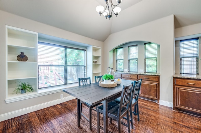 11529 Penick Way, Frisco, TX 75033 - dining area featuring healthy amount of natural light, baseboards, dark wood-type flooring, a chandelier, and lofted ceiling