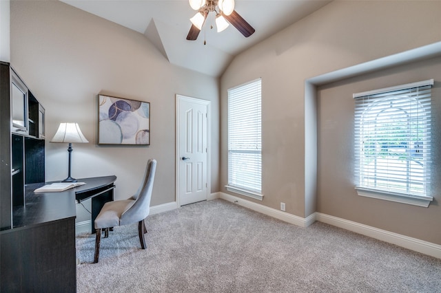 11529 Penick Way, Frisco, TX 75033 - office with a ceiling fan, light colored carpet, baseboards, and vaulted ceiling