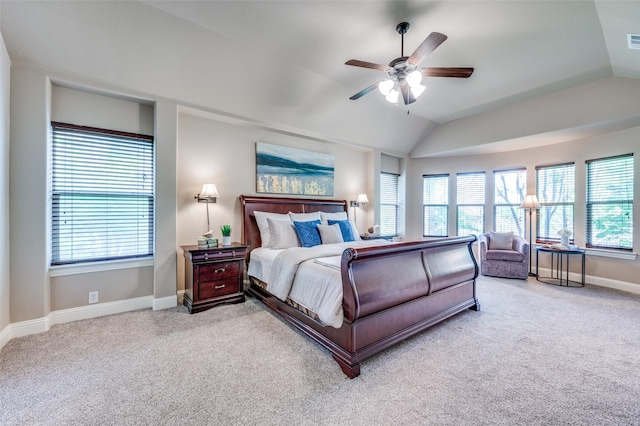 11529 Penick Way, Frisco, TX 75033 - carpeted bedroom featuring multiple windows, baseboards, vaulted ceiling, and ceiling fan