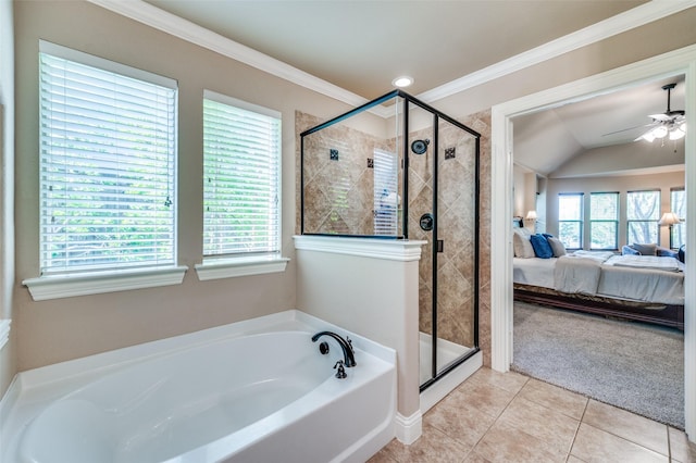 11529 Penick Way, Frisco, TX 75033 - full bath with ensuite bathroom, a garden tub, tile patterned floors, a shower stall, and a ceiling fan