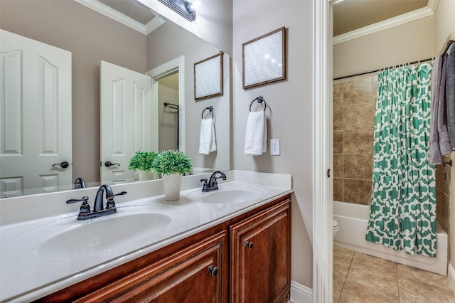 11529 Penick Way, Frisco, TX 75033 - full bathroom featuring ornamental molding, double vanity, shower / bath combo, tile patterned flooring, and toilet