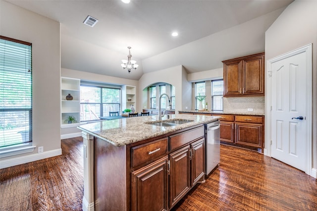 11529 Penick Way, Frisco, TX 75033 - kitchen featuring a sink, stainless steel dishwasher, dark wood-style flooring, vaulted ceiling, and light stone counters