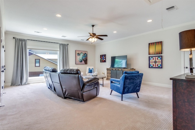 105 Bay Hill Dr, Graford, TX 76449 - living room featuring light colored carpet, crown molding, ceiling fan, baseboards, and recessed lighting