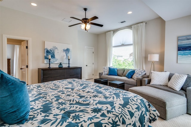 bedroom featuring visible vents, recessed lighting, and ceiling fan