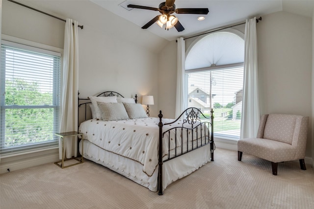 105 Bay Hill Dr, Graford, TX 76449 - bedroom featuring vaulted ceiling, light carpet, and a ceiling fan