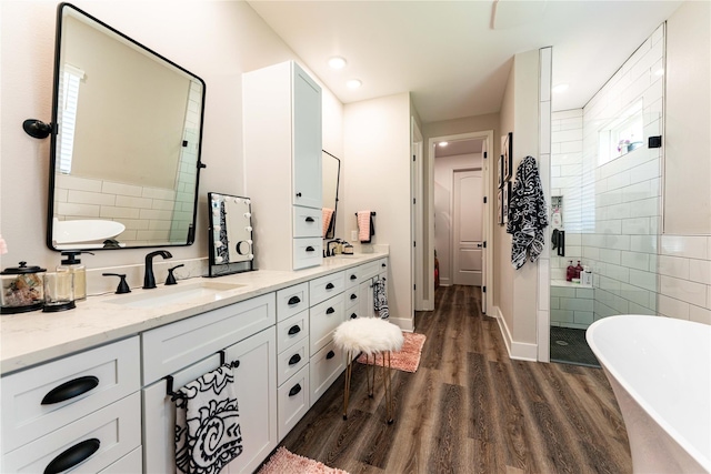 full bathroom featuring vanity, a soaking tub, wood finished floors, and plenty of natural light