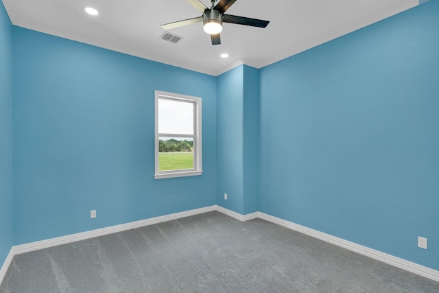 spare room featuring recessed lighting, visible vents, carpet floors, baseboards, and ceiling fan