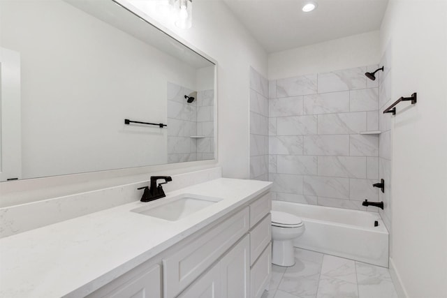 bathroom with marble finish floor, toilet, vanity, baseboards, and  shower combination