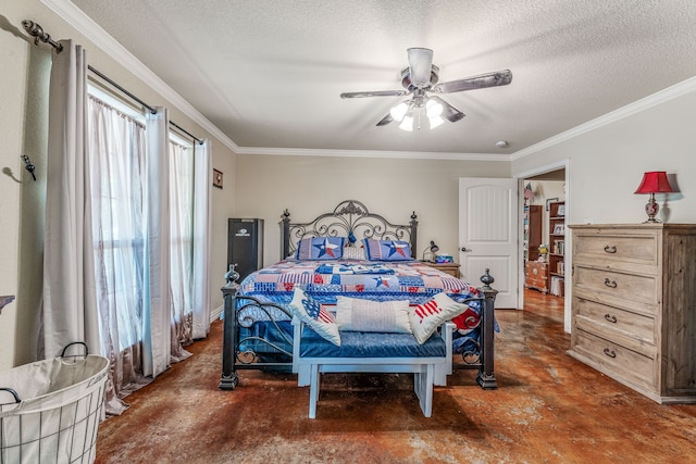bedroom with crown molding, a textured ceiling, finished concrete flooring, and ceiling fan