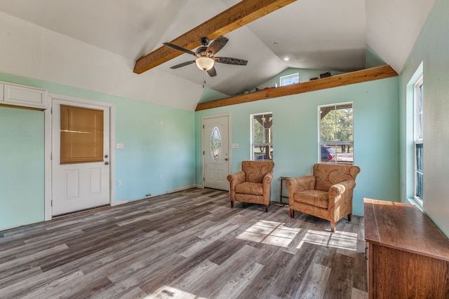 sitting room with vaulted ceiling, ceiling fan, and wood finished floors