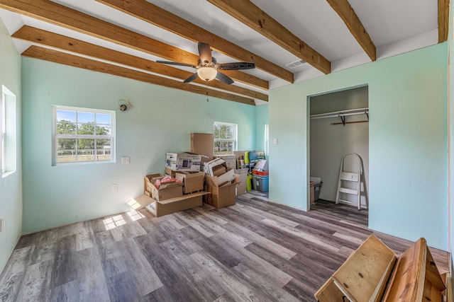 interior space featuring ceiling fan, wood finished floors, beam ceiling, and a closet