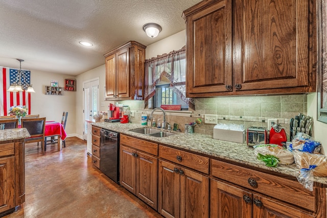 kitchen featuring dishwasher, a sink, a textured ceiling, and tasteful backsplash