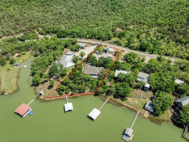 1780 S Lakeview Dr, Gordon, TX 76453 - aerial view featuring a water view and a wooded view