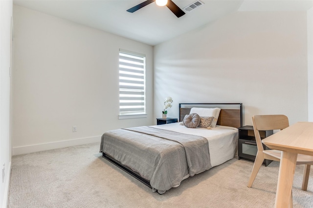 7320 Collin Mckinney Pkwy, Mckinney, TX 75070 - bedroom with light carpet, baseboards, visible vents, lofted ceiling, and a ceiling fan
