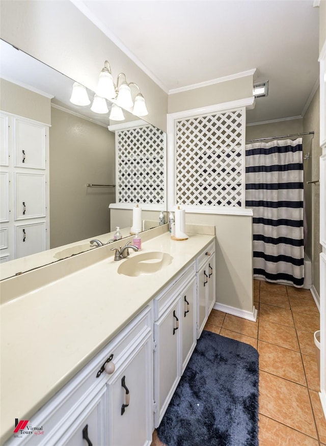 3873 Talton St, Shreveport, LA 71119 - full bath featuring tile patterned floors, visible vents, vanity, ornamental molding, and a shower with shower curtain
