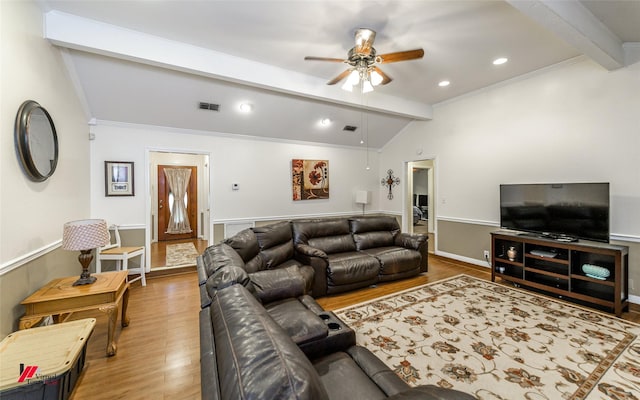 3873 Talton St, Shreveport, LA 71119 - living room featuring crown molding, wood finished floors, lofted ceiling with beams, ceiling fan, and visible vents