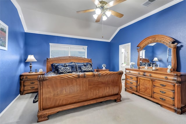 bedroom with ceiling fan, visible vents, crown molding, carpet floors, and lofted ceiling