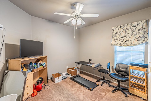 office featuring baseboards, carpet, and ceiling fan