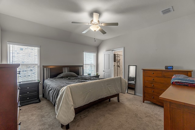 702 Grassland Way, Arlington, TX 76002 - bedroom with light carpet, lofted ceiling, and a ceiling fan