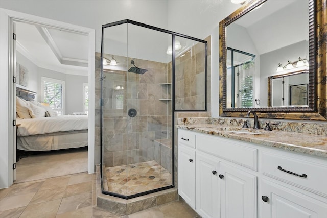 2204 Chipping Campden Rd, Denton, TX 76226 - ensuite bathroom with a stall shower, vanity, and ornamental molding