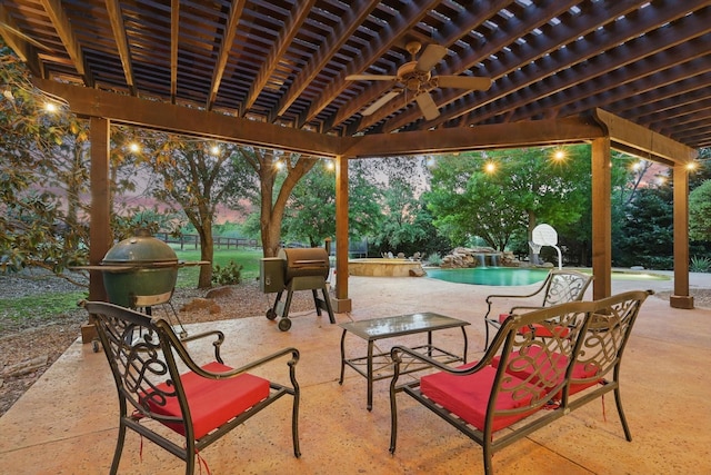 view of patio with an outdoor pool, a ceiling fan, and a pergola