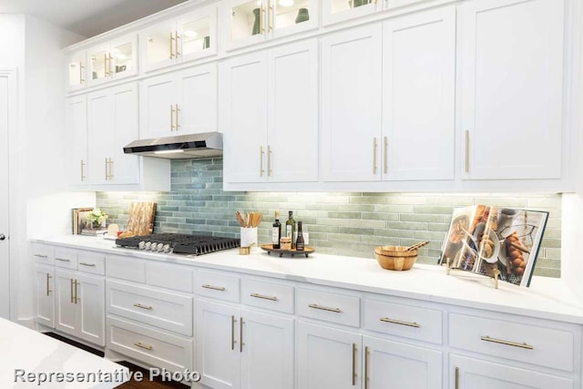 1803 Crofthill, Forney, TX 75126 - room details featuring white cabinets, decorative backsplash, under cabinet range hood, and light stone countertops