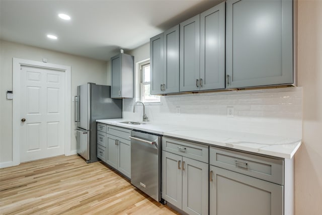 8494 Swift Ave, Dallas, TX 75228 - kitchen with appliances with stainless steel finishes, a sink, decorative backsplash, light wood-style flooring, and recessed lighting