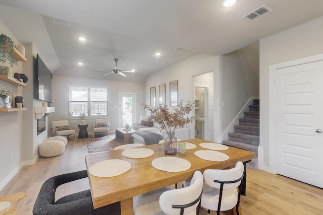 3238 Baehr Dr, Royse City, TX 75189 - dining space with light wood-style flooring, stairs, a ceiling fan, baseboards, and recessed lighting