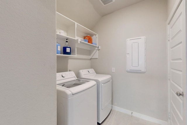 3238 Baehr Dr, Royse City, TX 75189 - laundry room featuring electric panel, independent washer and dryer, light tile patterned flooring, and baseboards