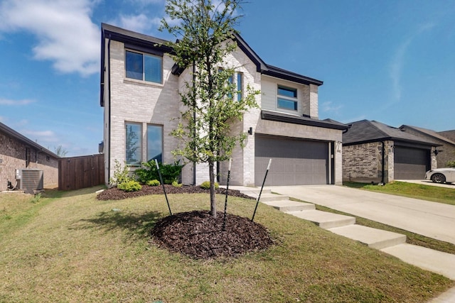 view of front facade with fence, cooling unit, a garage, concrete driveway, and a front yard