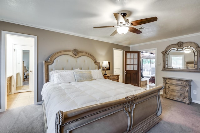 bedroom featuring light carpet, visible vents, ceiling fan, and crown molding