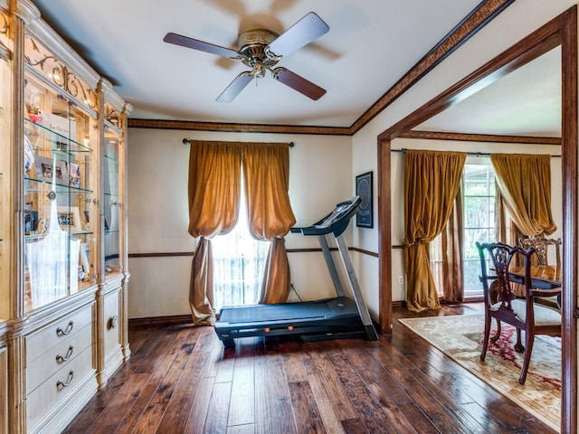 workout area featuring dark wood finished floors, baseboards, and a ceiling fan