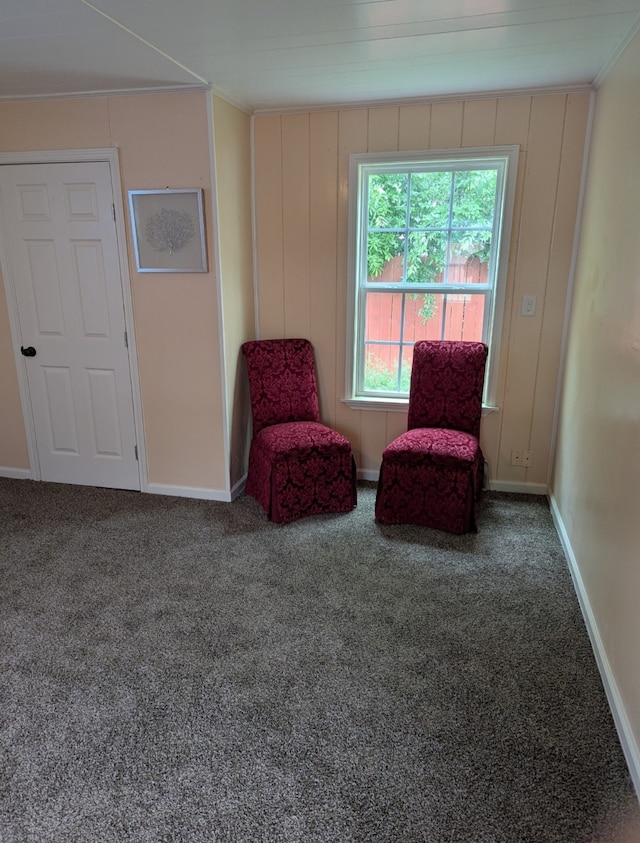 living area with carpet, baseboards, and ornamental molding