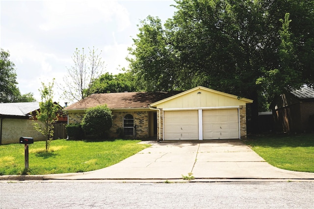 ranch-style house with concrete driveway, an attached garage, brick siding, and a front lawn