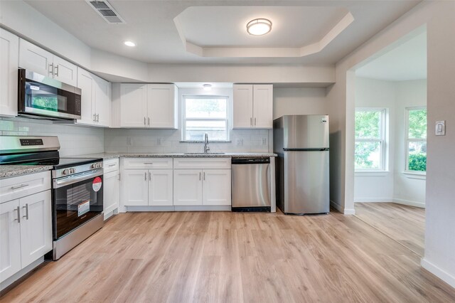 604 N E St, Arlington, TX 76011 - kitchen with white cabinets, light wood finished floors, and appliances with stainless steel finishes