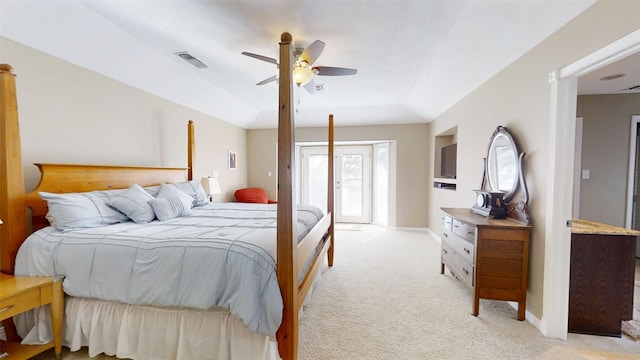 1351 Porter Ct, Granbury, TX 76048 - bedroom with light carpet, baseboards, visible vents, access to outside, and ceiling fan